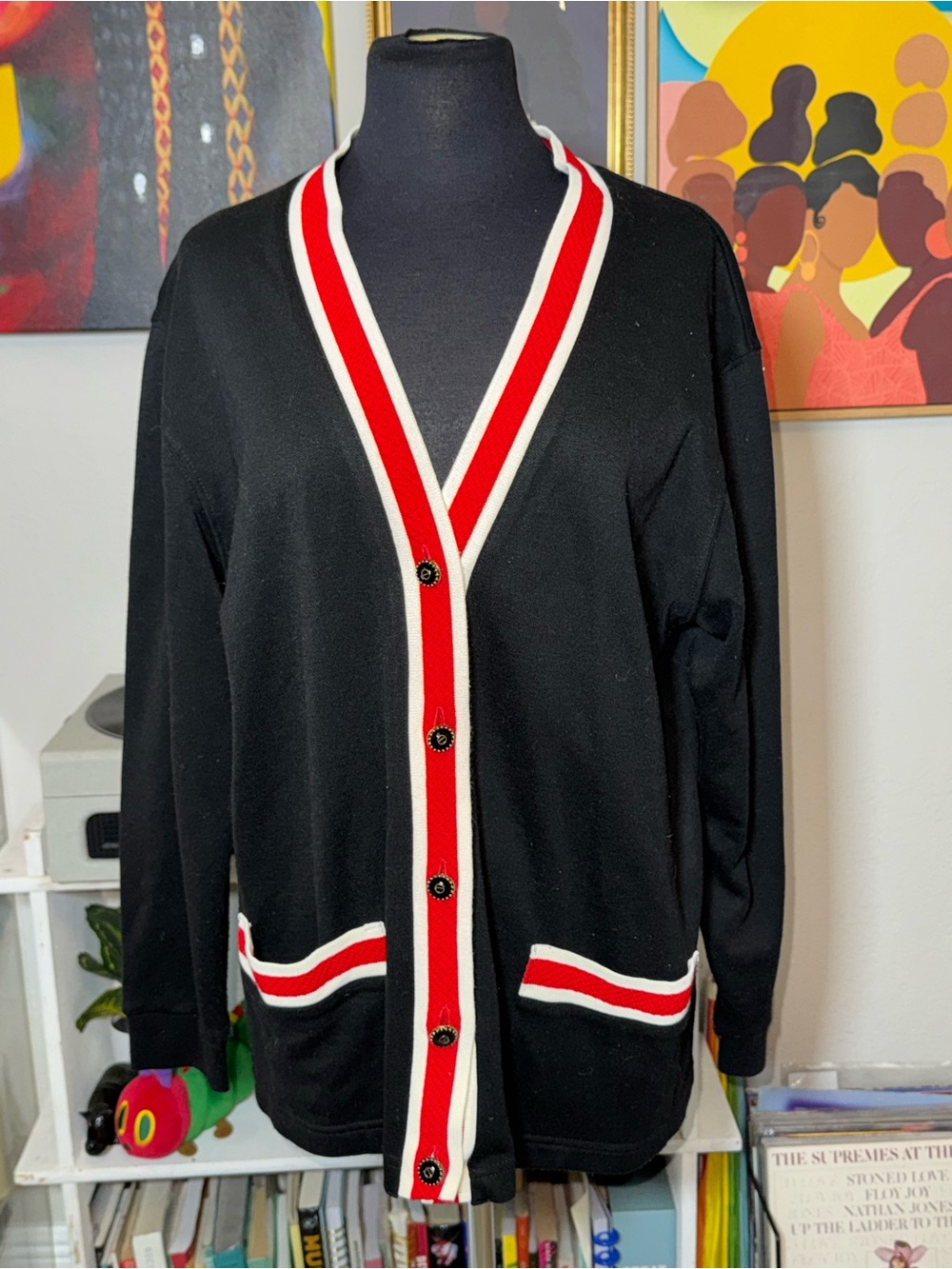 Cathy Daniels Black Cardigan with Red & White Stripe Trim